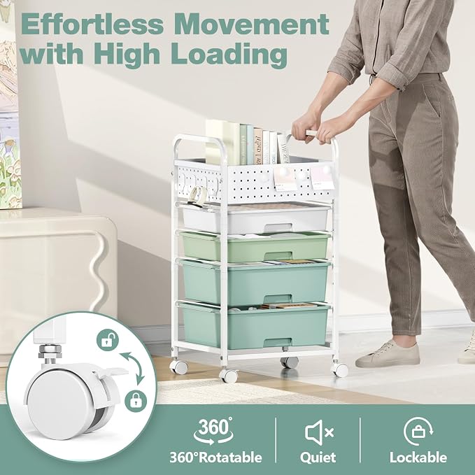 4 Drawer Rolling Storage Cart with Pegboard Top and Hooks, Gradient Green | Mobile Organizer Cart with Wheels for Office Supplies, Craft Storage, Classroom Organization, Home Utility Cart