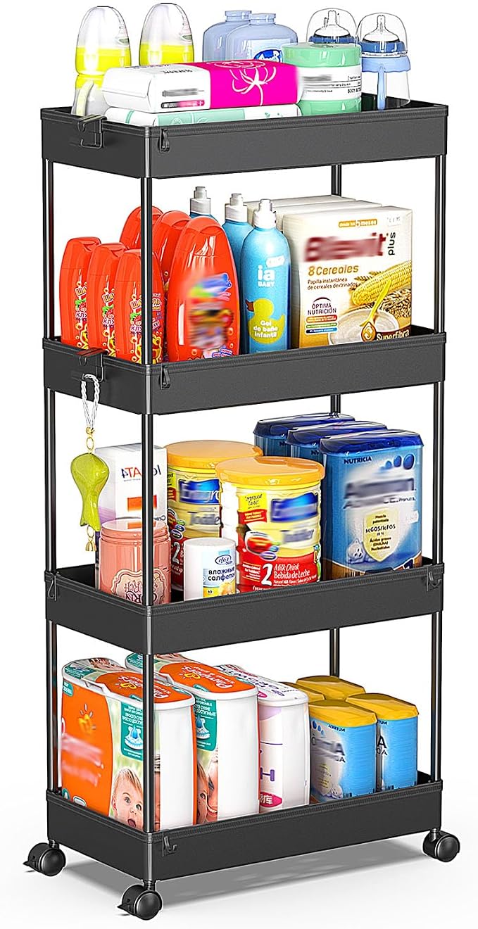 SPACEKEEPER Storage Cart 4-Tier, Bathroom Rolling Cart Utility Storage Organizer Shelf Mobile Shelving Unit for Kitchen Living Room Bathroom Laundry Room & Dressers, Black | Mobile Storage Cart for Laundry Room Organization,Kitchen,Office,Bathroom, Uti...
