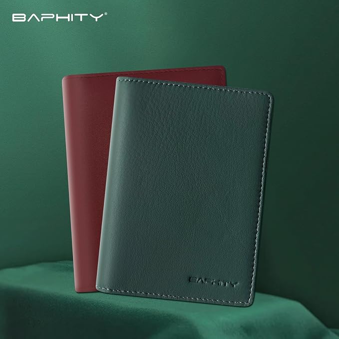 BAPHITY Genuine Leather RFID Blocking Slim Travel Passport Holder，green | Top-Grain Leather, RFID Blocking, Multi Slots (3+2 SD), Slim, Unisex Multi-Function Holder, Travel Sleeve