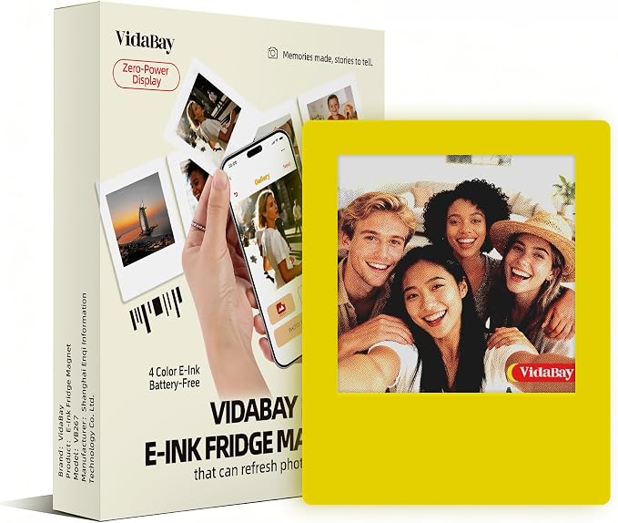 E-Paper Fridge Magnet Classic Plus, Battery Free E-Ink Photo Display, Wireless NFC Smart Frame, Phone Control Acrylic Memo Board Home Travel Party Gift, Compatible iPhone13&Newer(Yellow)