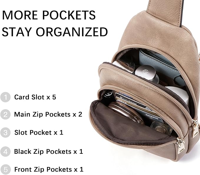 BOSTANTEN Sling Bag for Women Leather Crossbody Bags Fanny Pack Chest Bag for Travel | Adjustable Wide Strap, Small, Anti Theft, Lightweight, Multi Pockets and Carrying Way, Card Slot, Cute Trendy for Everyday