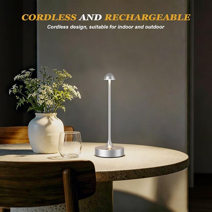 Kakanuo Rechargeable Cordless Table Lamp, Battery Operated Lamps, 3-Color Stepless Dimming, Portable Wireless Desk Lamp, LED Lighting for Dining Room, Restaurant, Office, Bar, Home(Silver 2 Pack)