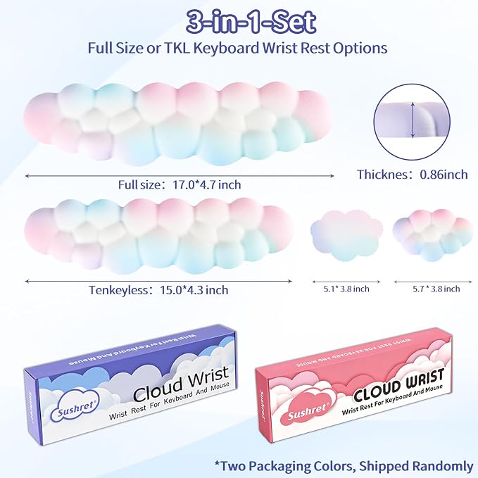 Cloud Wrist Rest Keyboard, Cloud Keyboard Wrist Pad Set with PU Leather Memory Foam, Cute Arm Rest for Palm Support, PC/Gaming Desk Accessories/Office Setup/Computer Hand Cushion - Rainbow