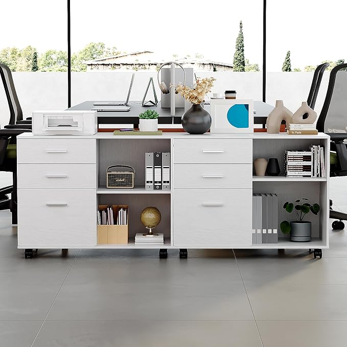 VINGLI 3 Drawer Wood Lateral File Cabinet with Adjustable Shelves & Locking Wheels, Printer Stand with Drawers for Letter Size Files, Sturdy White File Cabinets for Home Office, Study & Business