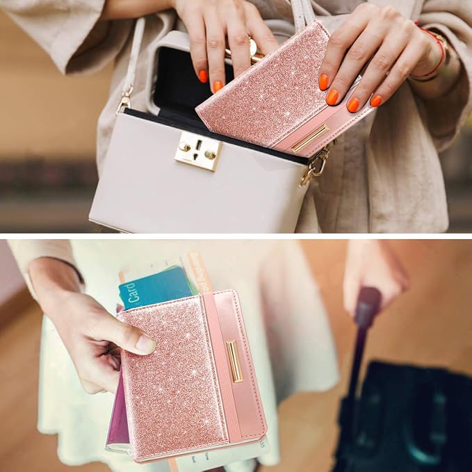 Coco Rossi Passport Holder for Travel Women Slim RFID Passport Cover Wallet | Travel Essentials, Passport Book Holders, Passport Wallet Cover Case, PU Leather, Cute, Thin, Spliced Design, Glitter Rose
