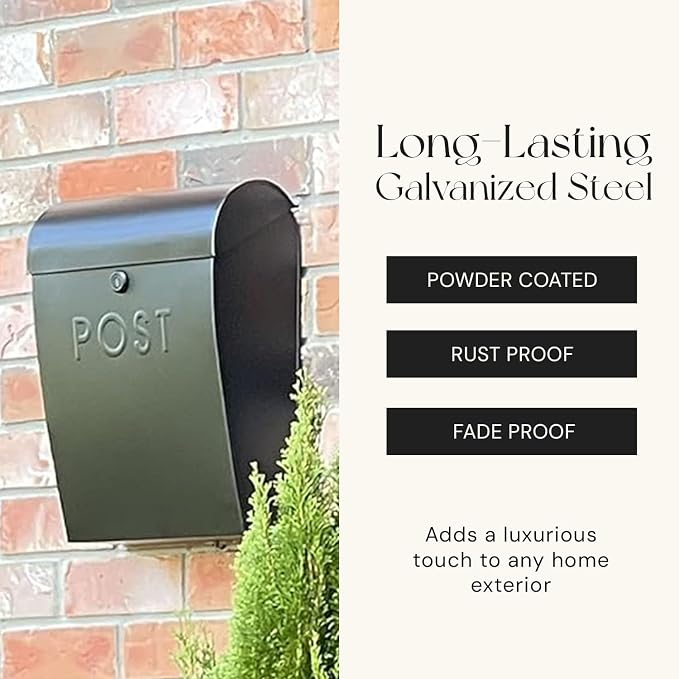NACH Locking Mailbox, 15.07 x 12.44 x 5.39 inches, Black Lockable Mailboxes for Outside, Large Wall Mount Mailbox - The Sylvia Mailbox