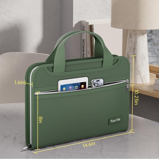 Tamfile Fireproof Accordion File Organizer, Expanding File Folder, Green | 13 Pocket Colorful, Handle, Zipper & Labels, Multi-Pockets Paper Organizer, for Letter A4 Files, Home, Office, School