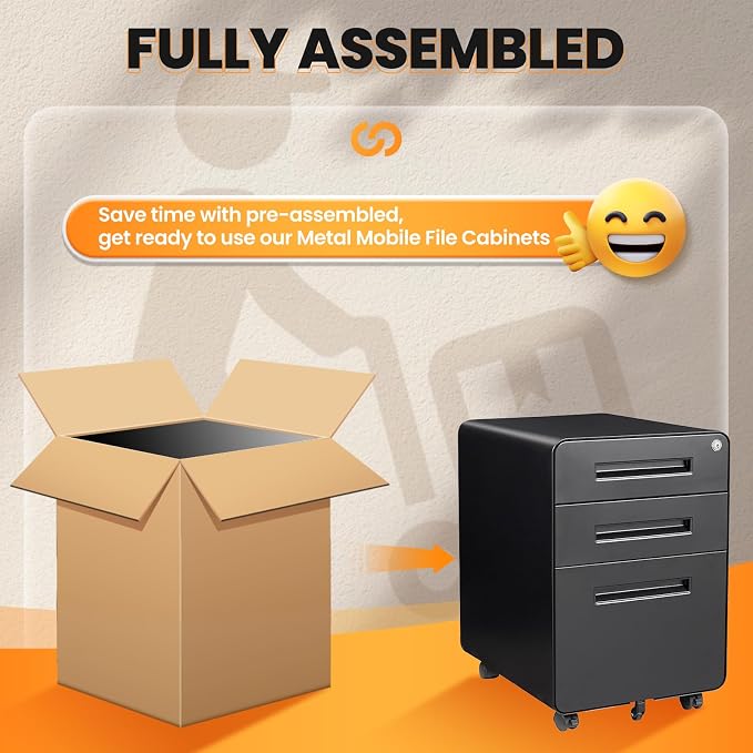 3 Drawer File Cabinet, Fully Assembled Mobile File Cabinets with Lock for Home Office, Metal Rolling Filing Caninet on Wheels, Three Drawer Under Desk Cabnet for Letter/Legal / A4 - Black