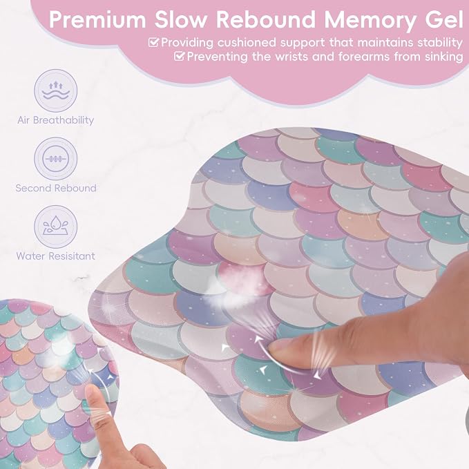 Mouse Pad with Wrist Rest Ergonomic Mouse Pad with Comfortable M-Shape Pain Relief Wrist Support Non-Slip PU Base Mousepad for Laptop, Office & Home (Candy Mermaid)
