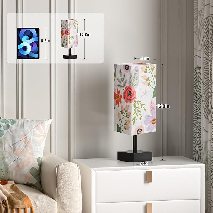 aooshine Small Bedside Table Lamp for Bedroom - Square Floral Fabric Shade | Inline Rocker Switch, Corded Electric, Bulb Not Included, 12.8" Mini Table Lamp for Nightstand, Desk, Dorm, Office