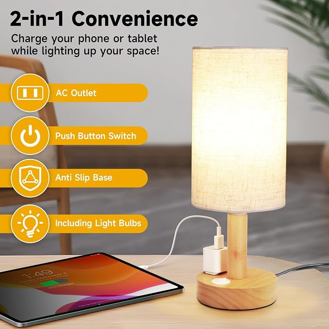 Small Bedside Table Lamp with AC Outlet,Natural Round Wood Base&Fabric Linen Shade,Cozy Night Table Light for Study Reading,Minimalist Boho Desk Lamp for Nightstand,Living Room,Nursery,Kitchen,Dorm