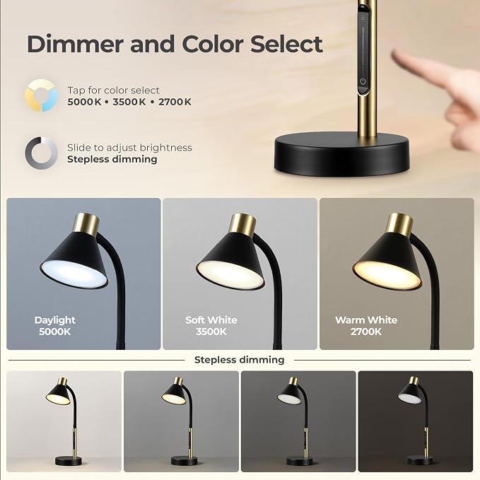 Globe Electric 62000034 15" LED Integrated Desk Lamp, Matte Black, Brass Accent, Adjustable Gooseneck, Dimmable, 3 Color Temperature, 7.5W, 90 CRI, 400 Lumens, Reading Light, Dorm Room Essentials