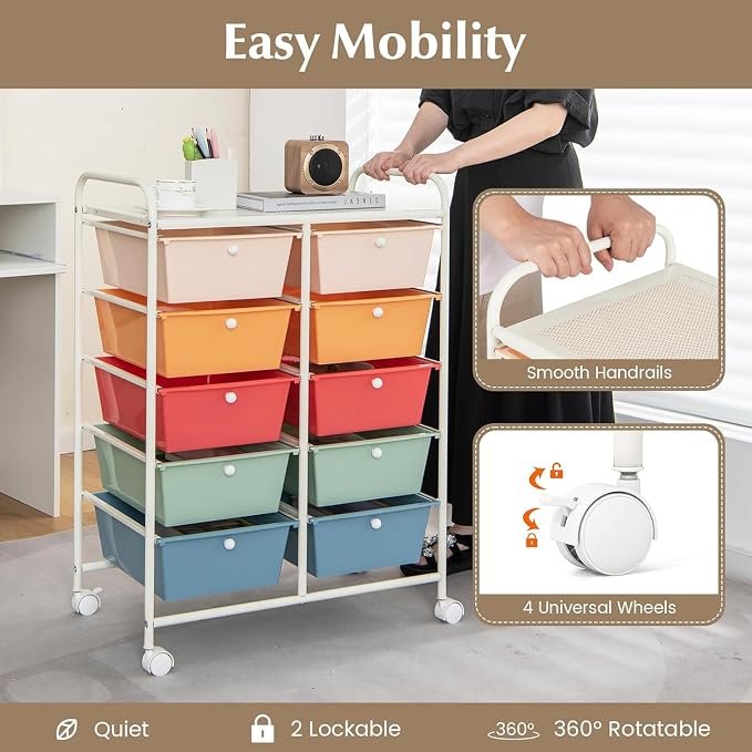 10 Drawer Rolling Cart, Storage Cart Organizer on Wheels, Drawer Cart with Metal Frame & Large Storage Capacity, Rolling Cart with Drawers for Living Room Classroom, Office