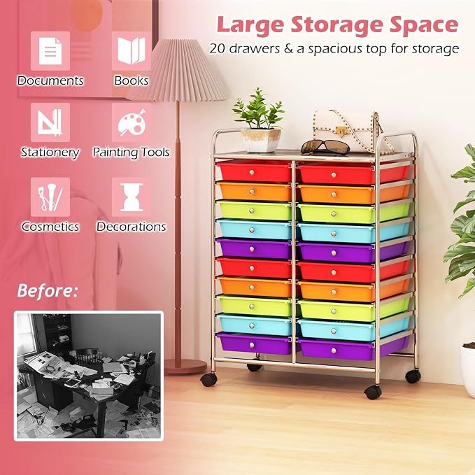 RELAX4LIFE 20 Drawer Rolling Storage Cart, Mobile Rolling Cart w/Drawers for School Classroom Teacher Office Home Salon, Paper File Art Supply Craft Organizer, Utility Cart on Wheels (Multicolor)