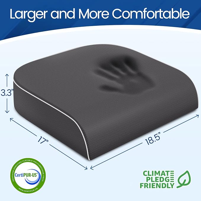 SweetSlubr Seat Cushion for Tailbone Pain Relief, Office Chair Cushion, Memory Foam Large Chair Pad with Non-Slip Cover for Soft Support at Office Chair, Car Seat, Airplane Grey/XLarge