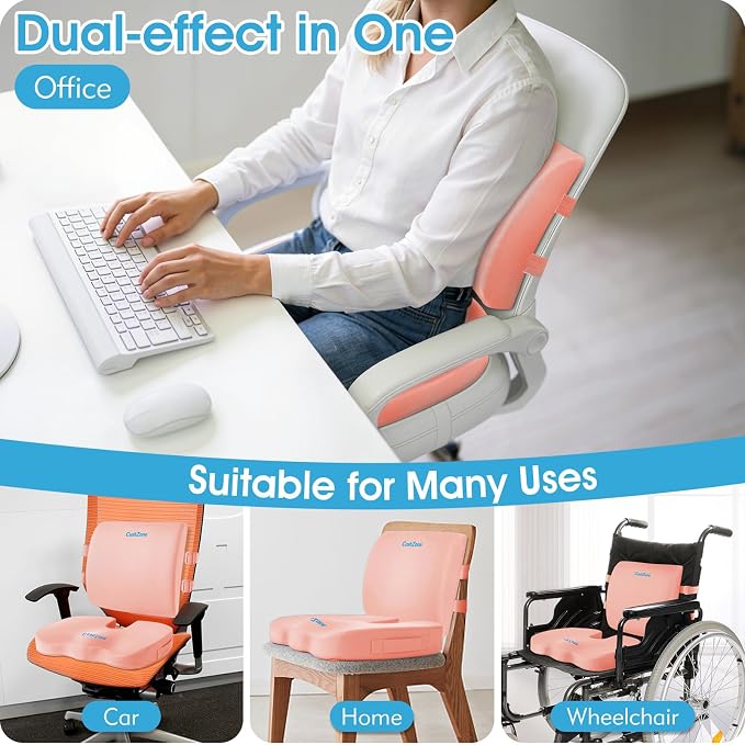 CushZone Ergonomic Seat Cushion & Lumbar Support Pillow - Memory Foam for Sciatica Pain Relief & Posture Correction, Non-Slip Chair Cushions for Office Chair/Car/Wheelchair/Travel (Pink)