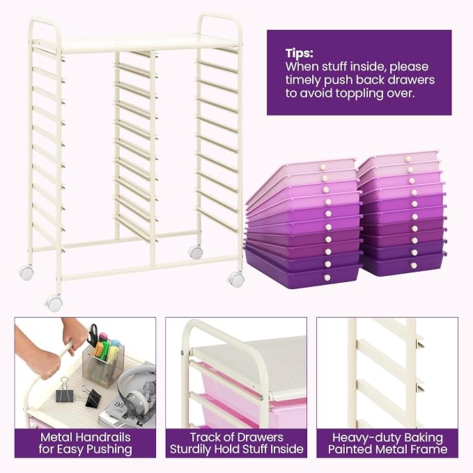 COSTWAY 20-Drawer Rolling Storage Cart, Utility Storage Organizer Cart | For Tools, Scrapbook, Paper, Craft, Multipurpose Storage Trolley on Wheels for Home Office School (Purple Gradient)