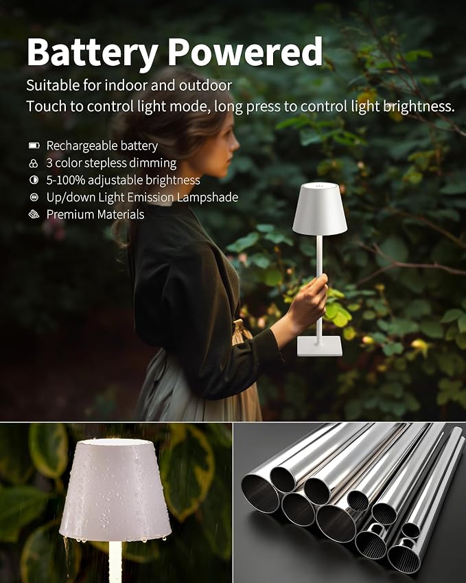 KDG 2 Pack Cordless White Table Lamps, Rechargeable Portable LED Desk Lamps | 5000mAh Battery Operated 3 Color Stepless Dimming Up for Restaurant, Bedroom, Outdoor Party, Camping, Coffee Shop, Nightlight