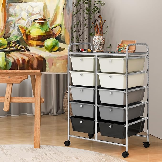 COSTWAY 10 Drawer Rolling Storage Cart, Utility Cart with Lockable Wheels | Mobile Art Supply Craft Organizer with Metal Frame, Multipurpose Drawer Cart for Paper for Office, School, Gray Gradient