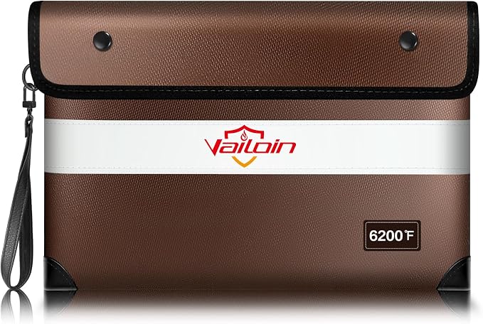Vailoin 6200°F Fireproof Money Bag, 8 Layers of Heat Insulated Materials | Double-sided Reflective Strip, Waterproof Zipper,Certified to SGS UL94 V-1, for Tablet, Cash, A5-sized documents（Brown）