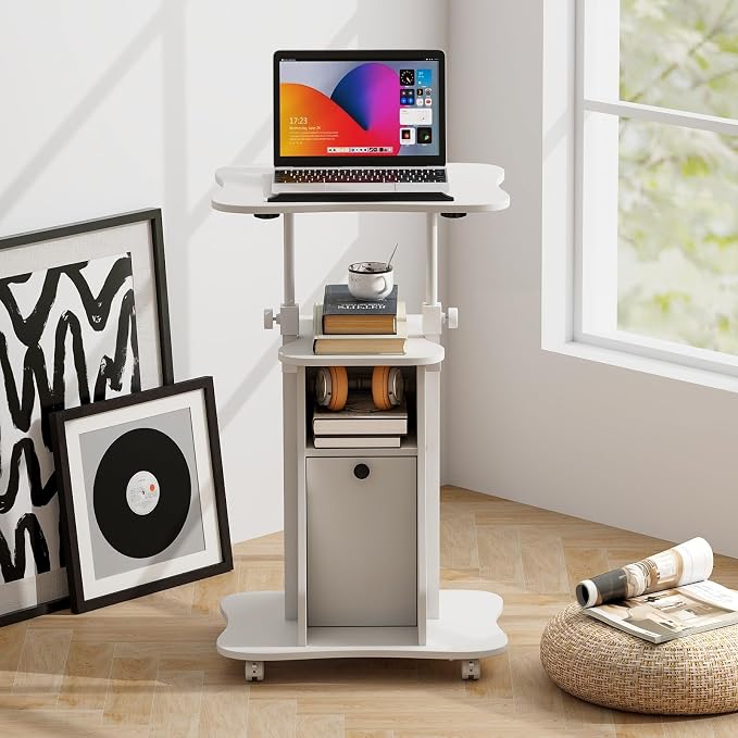 Tangkula Mobile Laptop Podium, Height Adjustable Sit to Stand Desk with Tilting Desktop & Storage Cabinet, Ergonomic Rolling Lectern Cart Laptop Desk, Office Podium Stand on Wheels