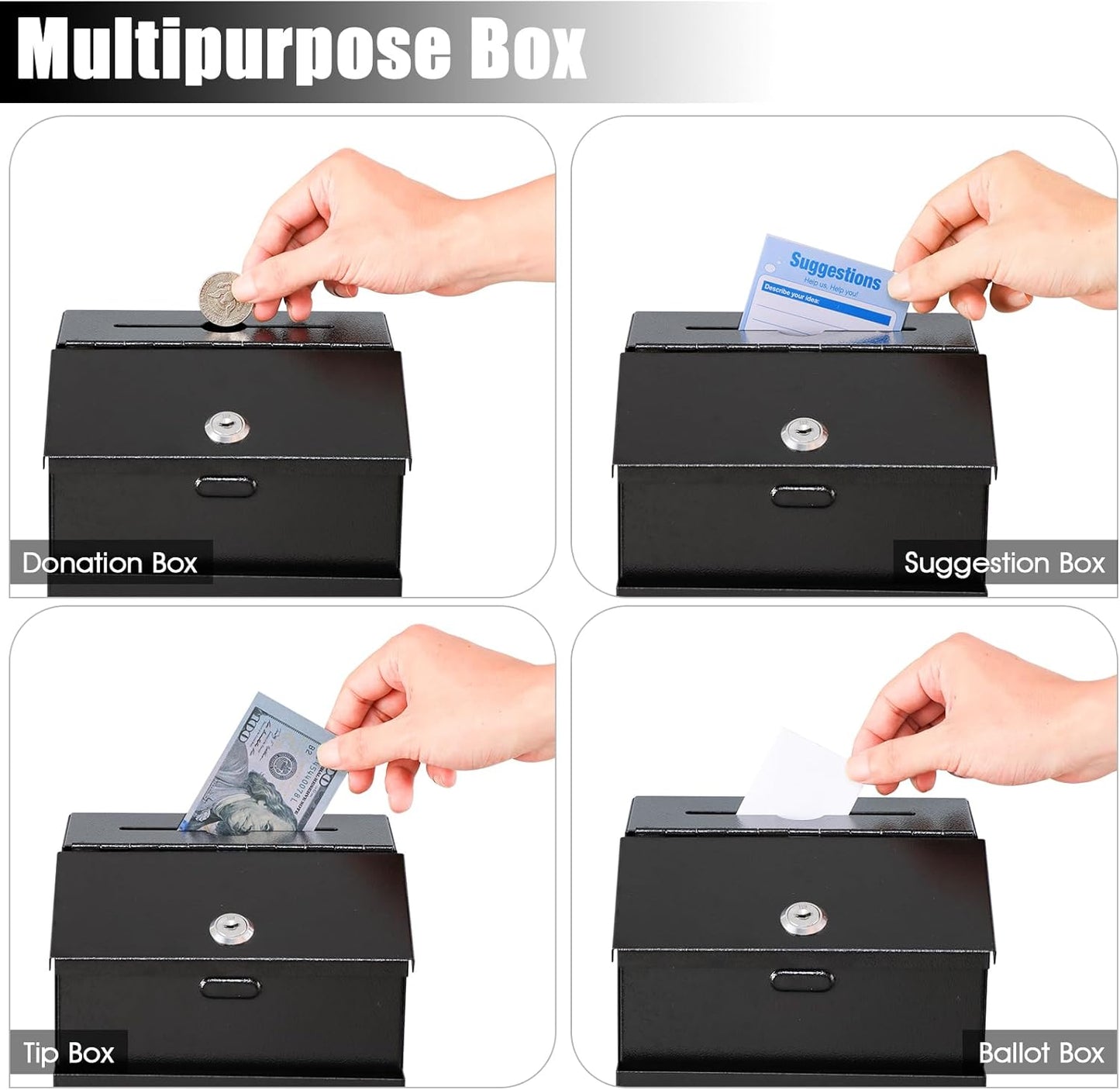 KYODOLED Suggestion Box with Lock and Slot, Metal Wall Mounted Money Key Drop Box with 100 Free Suggestion Cards, Donation and Collection for Fundraising, Black, 2Pack