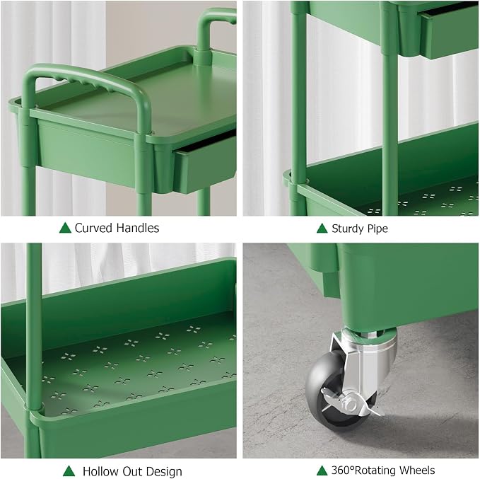3 Tier Rolling Utility Cart with Drawer, Plastic Storage Organizer Rolling Carts with Wheels Handles Hanging Cups Hooks for Office, Bathroom, Kitchen,Craft Art Room (Green)