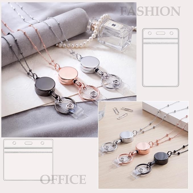 Lanyards for Id Badges, 3 Pack Badge Lanyard with 6 Pcs Badge Holder, Retractable Badge lanyards Id Holders for Girl Women Men (Black, Silver, Rose Gold)