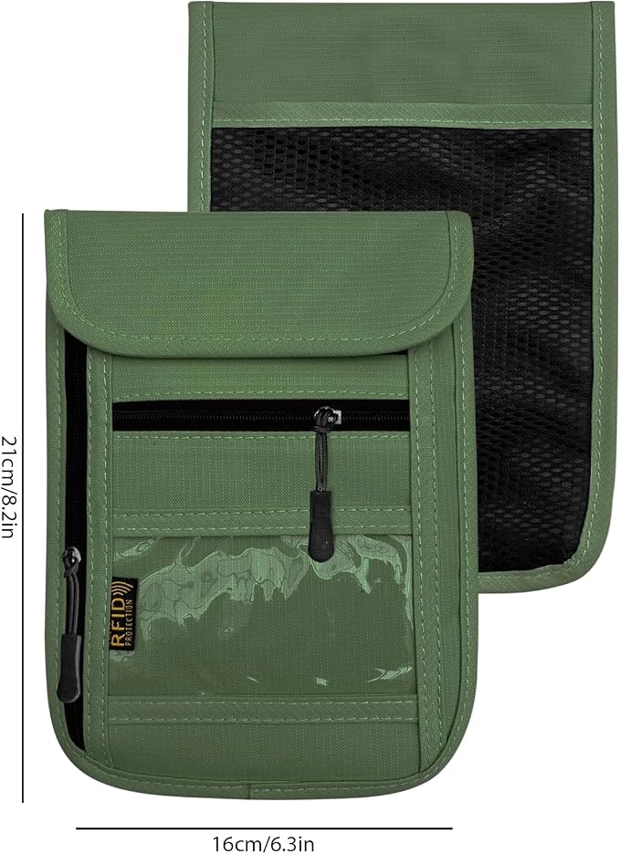 RFID Blocking Travel Neck Wallet Pouch and Passport Holder, Travel Neck Pouch Passport Holder for Women & Men - Army Green