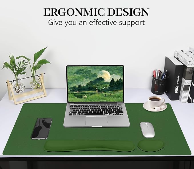 Keyboard and Mouse Pad, 3-in-1 Desk Mat Set Keyboard Wrist Rest | 31.5" x 15.7" Desk Mat, Ergonomic Wrist Rest for Computer Keyboard, Non-slip Base, Waterproof Computer Mat, Olive Green