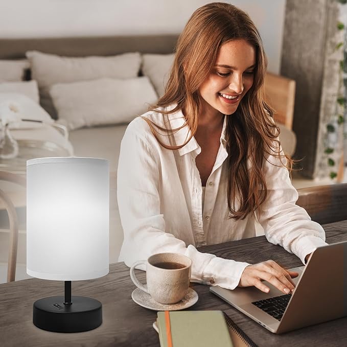 DEGNJU Small Lamp for Bedroom, Bedside Lamps for Night Stands, Mini Minimalist Table Lamp with Round Gray Fabric Shade, 9 Inch Desk Reading Lamp for Dorm Room Living Room Office Room, 2 Pack
