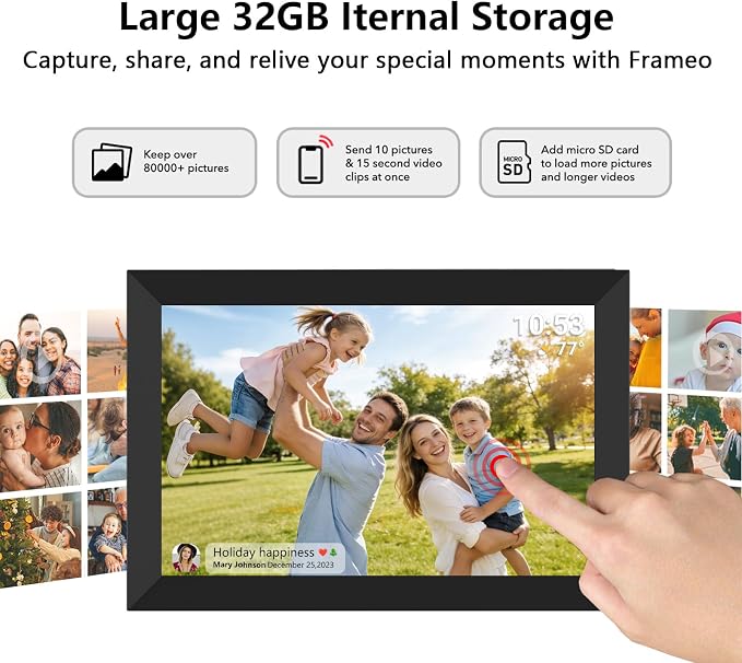 32GB FRAMEO 10.1 Inch Smart WiFi Digital Photo Frame 1280x800 IPS LCD Touch Screen, Auto-Rotate Portrait and Landscape, Built in 32GB Memory, Share Moments Instantly via Frameo App from Anywhere