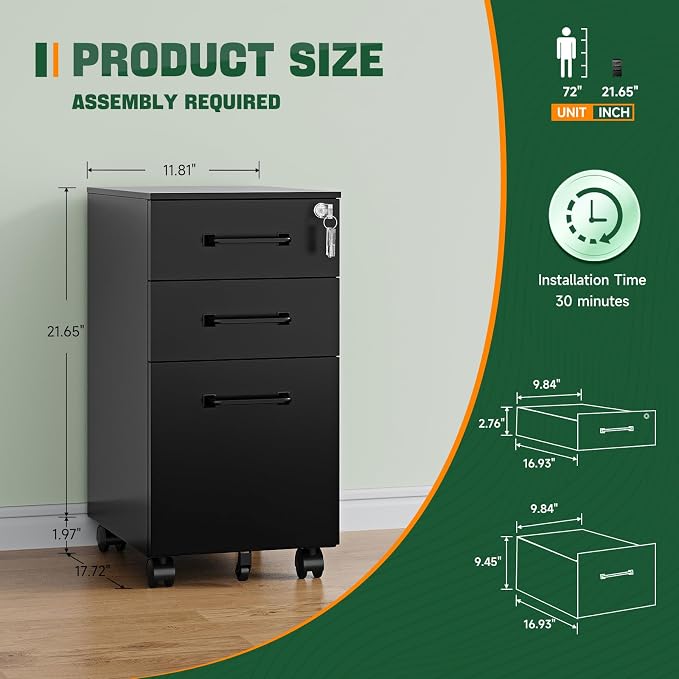 3 Drawer Mobile File Cabinet with Lock,Under Desk Metal Filing Cabinets for Home Office Organizer,Small Rolling Printer Stand with Wheels,for Letters/Legal/A4(Assembly Required) (Black)