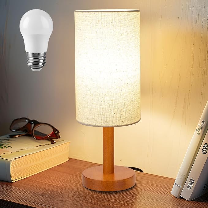 LALISU Small Table Lamp Nightstand Lamp Linen Lampshade Bedroom Wood Base Small Bedside Lamp for Night Stands, Desk Lamps for Reading Living Room, Office (LED Bulb Included) (Rosewood)