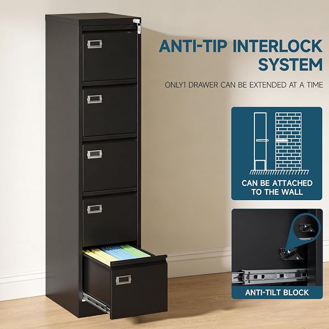 MIIIKO 5 Drawer File Cabinet, Black Vertical Filing Cabinets with Lock, Home Office File Folders Storage Cabinet for Letter Legal File Size.