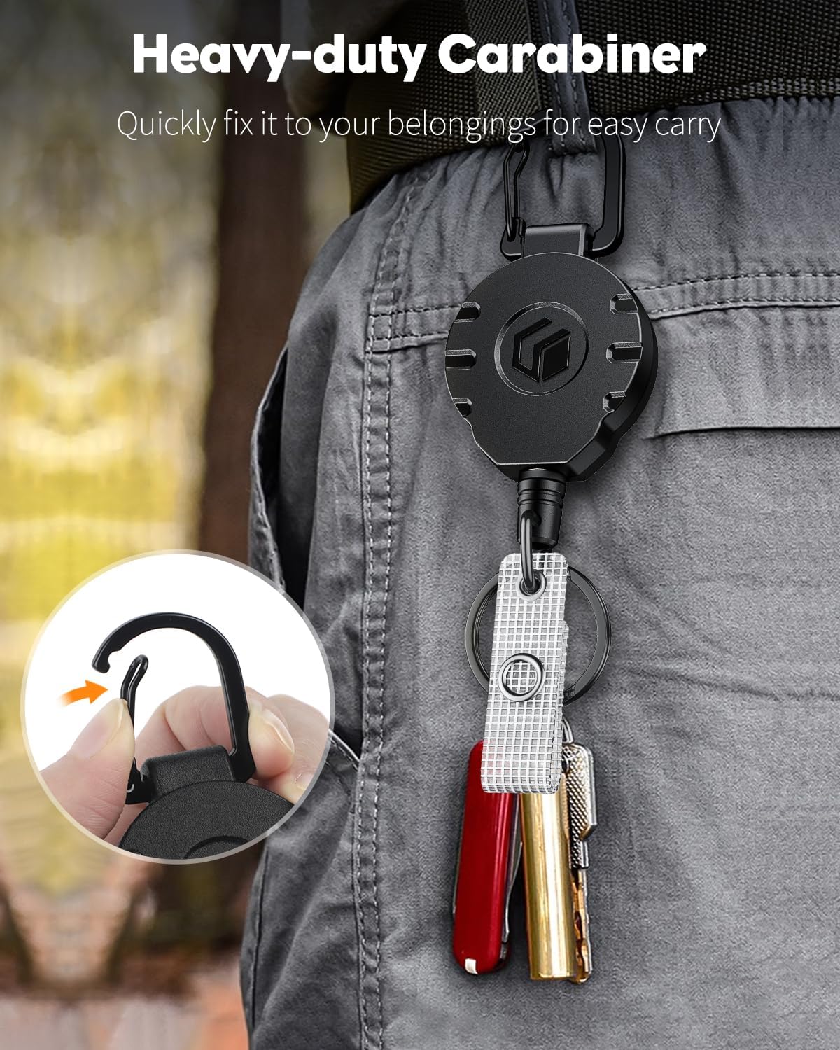 Uniclife Retractable Keychain Heavy Duty Carabiner Badge Holder Tactical ID Badge Reel for up to 8 oz with Stainless Steel Spring Coil 31.5 Inch Steel Wire Rope Retractable Lanyard Clip and Key Ring