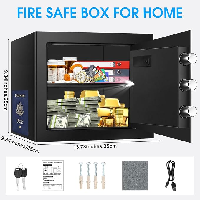 1.2 Cubic Feet Small Fire Safe Box for Home, Fireproof Lock Box, Security Money Safe with Digital Keypad, Spare Keys and Removable Shelf, Personal Home Safes for Money, Jewelry, ID Documents