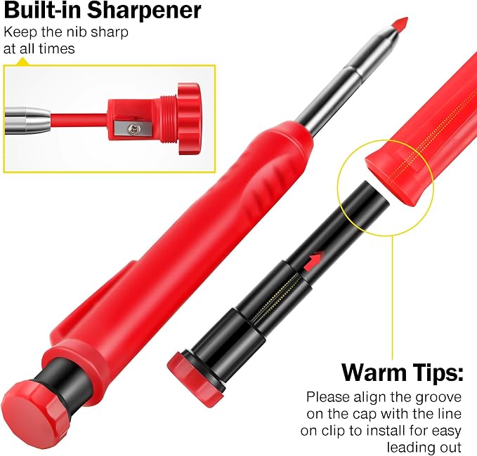Hiboom 2 Pack Carpenter Pencils with Pencil Cap and 18 Refills, Red | Mechanical Pencil, Deep Hole Marking, Built-In Sharpener, Long Nose Tip, Pocket Clip, Marks Many Surfaces, Woodworking Use