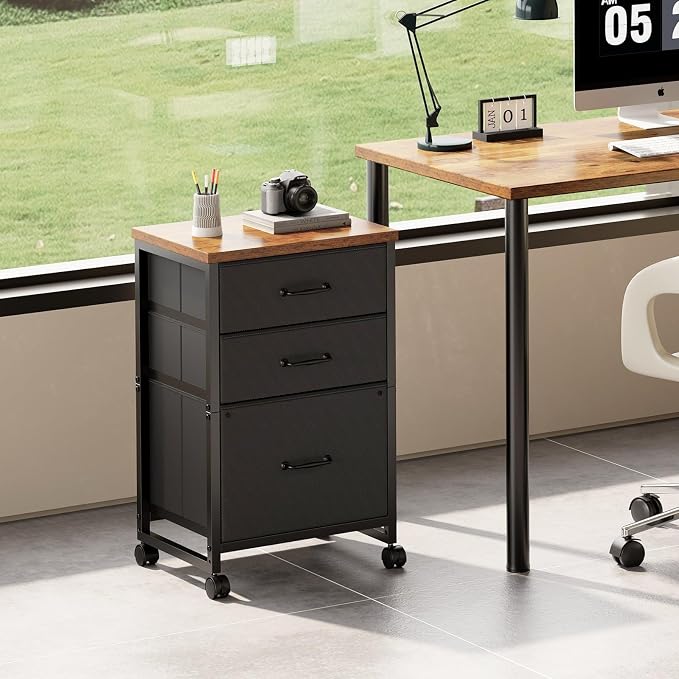 3 Drawer File Cabinet with Wheels with Open Storage Shelf, Rustic Brown