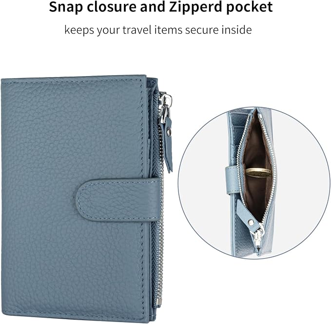 Passport wallet and Card Slot Combo RFID Blocking Leather Travel Passport Wallet for Men and Women with Zippered Coins Pocket Passport holder, Deep Blue