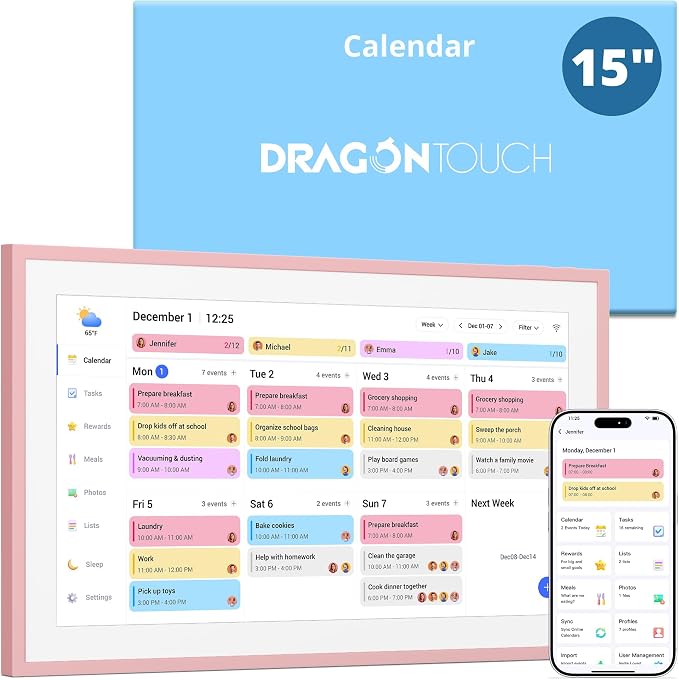 Dragon Touch 15.6 inch Digital Calendar & Chore Chart - Interactive Touchscreen Smart Family Planner,Digital Picture Frame for Mom, Women, Christmas & Weddings Pink