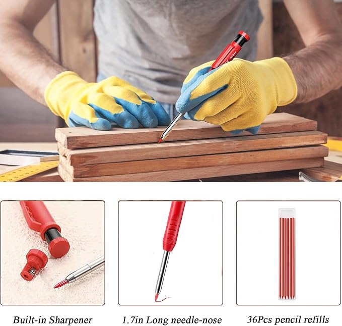 TuTuYa 36Pcs 2.8mm Pencil Refill Red, with 1 Carpenter Pencil w/Sharpener | Waterproof Lead Refills Replacement, Long Reach/Deep Hole/Long Nose for Architect &Carpenter Woodwork Construction Building