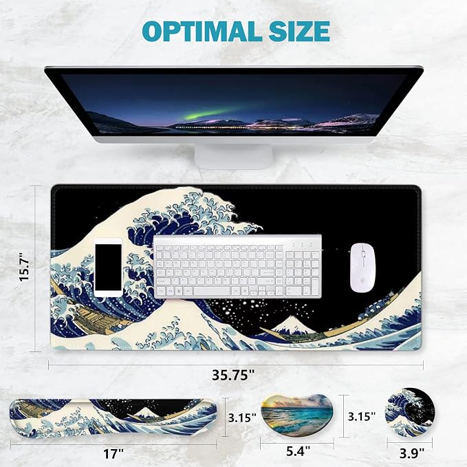 ToLuLu Extended Gaming Mouse Pad, Ergonomic Keyboard Mouse Wrist Rest Set | Large Desk Mat with Stitched Edges, Memory Foam Support Non-Slip Base Mousepad for Home Office Game Study, Wave of Kanagawa