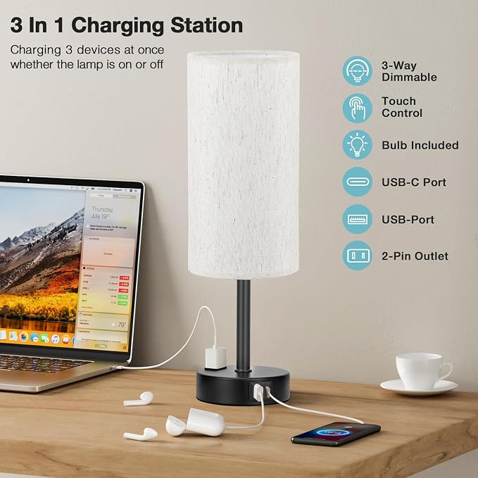 Light Beige Table Lamp for Nightstand - 3 Way Dimmable Bedside Lamp for Bedroom with USB C A Charging Ports and AC Outlet, Small Desk Lamp with Black Base for Living Room, Office, LED Bulb Included