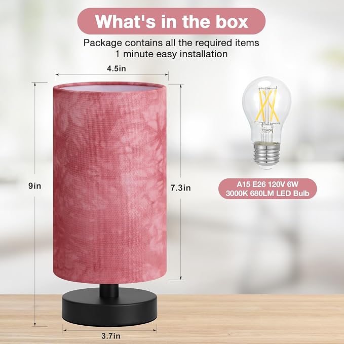 Small Table Lamps(Pink Shade - Black Base, 9" Inline Control) | 3000K LED Blub Included | 680 Lumens | Easy Assembly | Minimalist Design | E26 | for Kitchen | for Kids Room