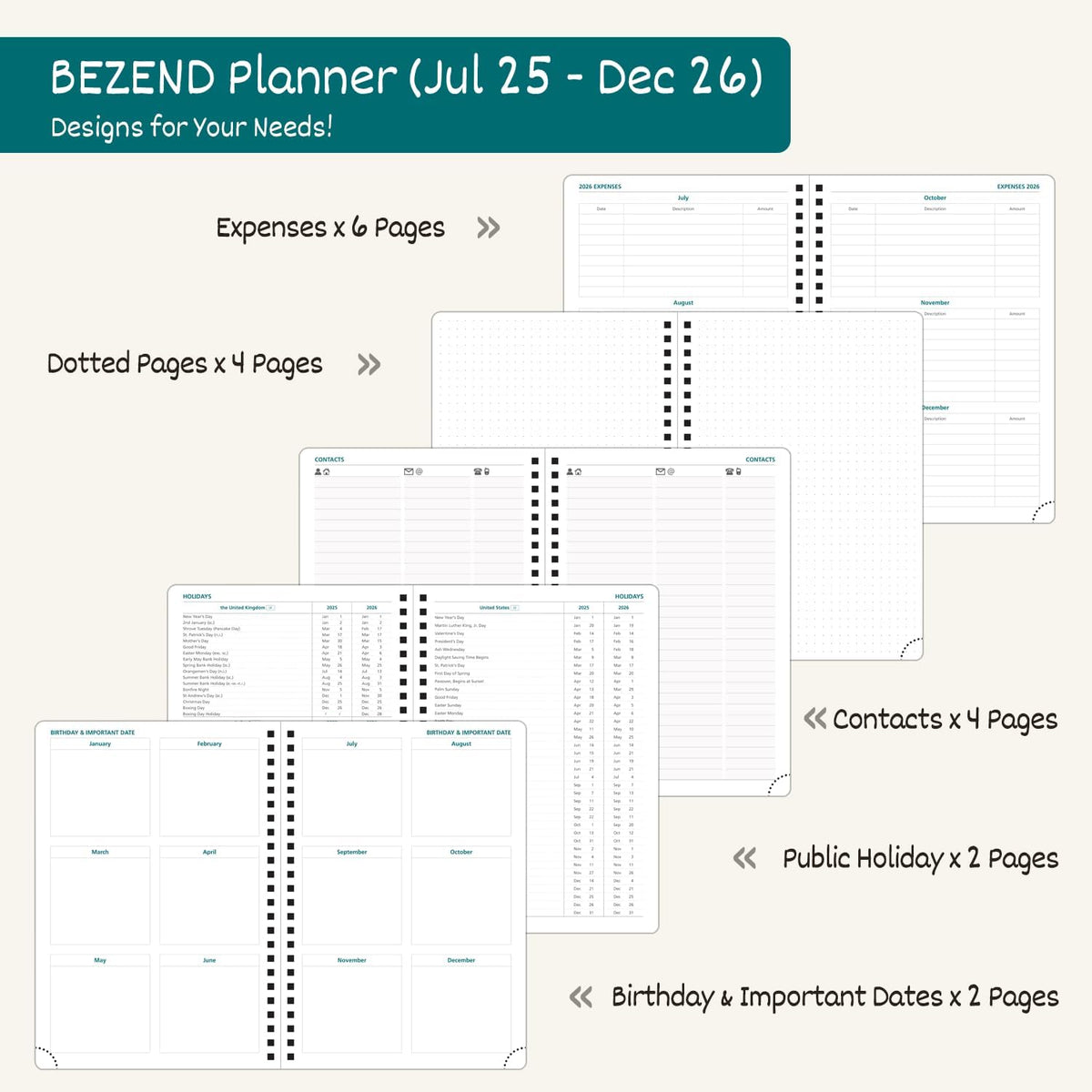 BEZEND Weekly Planner 2025-2026 with 2 Columns, 5.8" x 8.5" Academic Calendar 18 Months (Jul 25-Dec 26) Life Work Appointment Book with Monthly Tab, PU Leather Softcover Spiral - Black