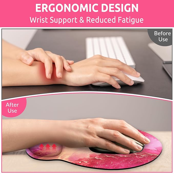 KONVINIT Ergonomic Mouse Pad with Wrist Rest, Small Mousepad with Non-Slip Rubber Base and Smooth Surface, Hot Pink Mouse Pads for Desk, Office Desk Accessories