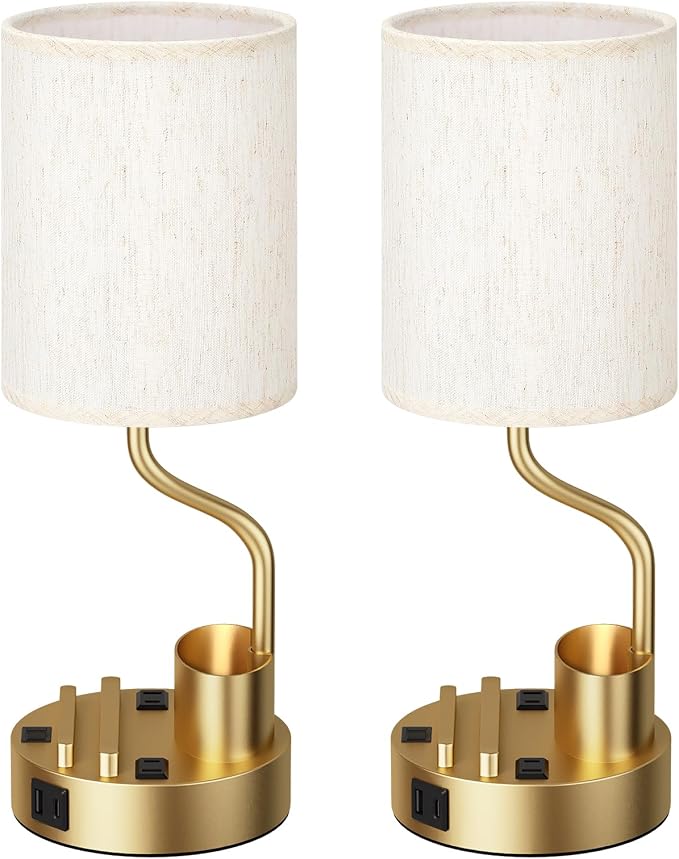 Bedside Lamps for Bedroom Set of 2 - Table Desk Lamp for Nightstand | 15" Table Lamp for Living Room with Pen Holder & Phone Stand, USB A+C Port, AC Outlet, 3 Color Temperature, LED Bulb Included