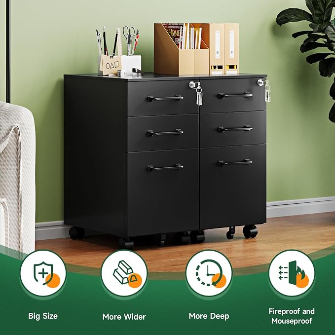 3 Drawer Mobile File Cabinet with Lock,Under Desk Metal Filing Cabinets for Home Office Organizer,Small Rolling Printer Stand with Wheels,for Letters/Legal/A4(Assembly Required) (Black)
