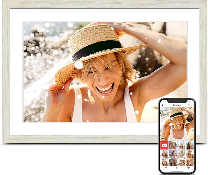 Frameo 10.1 Inch WiFi Digital Picture Frame, Frameo Digital Frame WiFi, 1280x800 HD Touch Screen, 32GB, Instant Sharing Electronic Photo Frame, Auto-Rotate, Wall Mountable, Mom Gifts, White Woodgrain